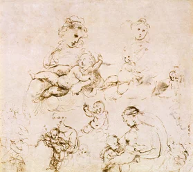 Verschillende studies van een Madonna en Kind (pen en inkt)
